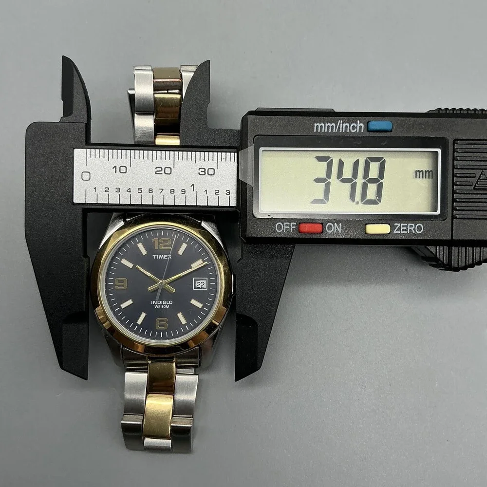 Timex Indiglo WR 30M Mens Watch 35mm Black Dial Two Tone Date New Battery 7.5